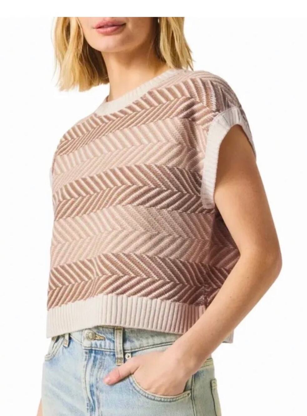 Splendid NWOT Mary Kate Sweater Chevron Short Sleeve Small Neutral Tones